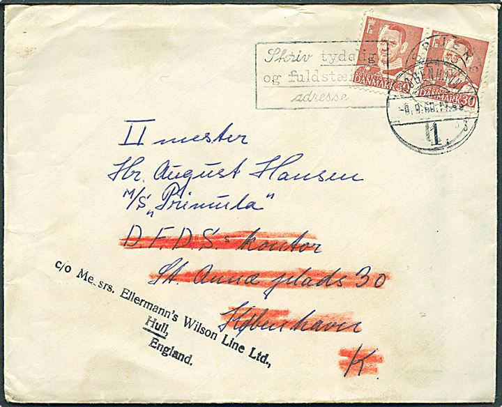 30 øre Fr. IX i parstykke på brev fra Esbjerg d. 4.9.1960 til sømand ombord på M/S Primula via rederiet DFDS i København - eftersendt til Hull, England.