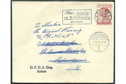 30 øre Finsen på brev fra Esbjerg d. 2.8.1960 til sømand ombord på M/S Primula via rederiet DFDS i København - eftersendt til Aarhus.