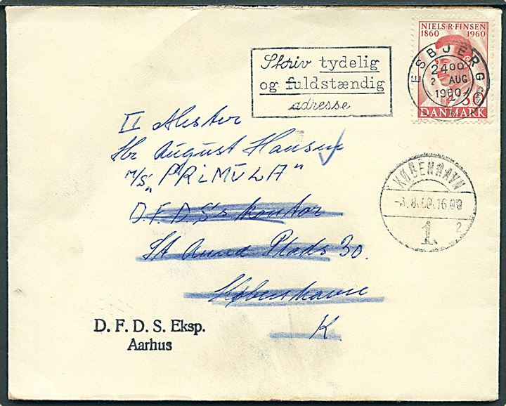 30 øre Finsen på brev fra Esbjerg d. 2.8.1960 til sømand ombord på M/S Primula via rederiet DFDS i København - eftersendt til Aarhus.