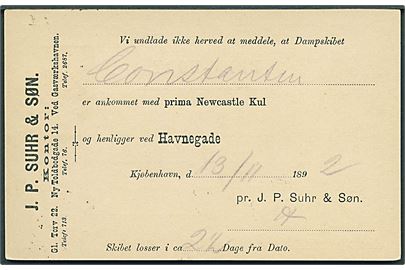 3 øre lokalt helsagsbrevkort stemplet Kjøbenhavn d. 12.11.1892. Adviskort vedr. kul ankommet med dampskibet Constantin fra Newcastle.