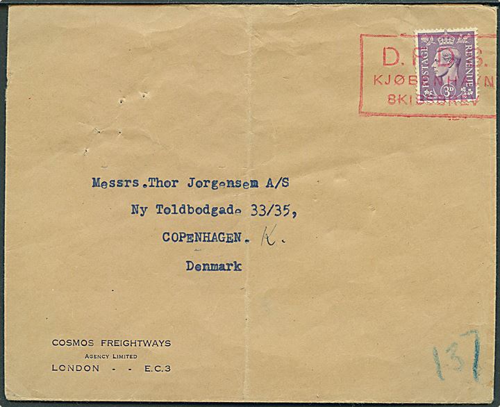 Engelsk 3d George VI på skibsbrev fra London annulleret med rødt rammestempel D.F.D.S. Kjøbenhavn Skibsbrev til København.
