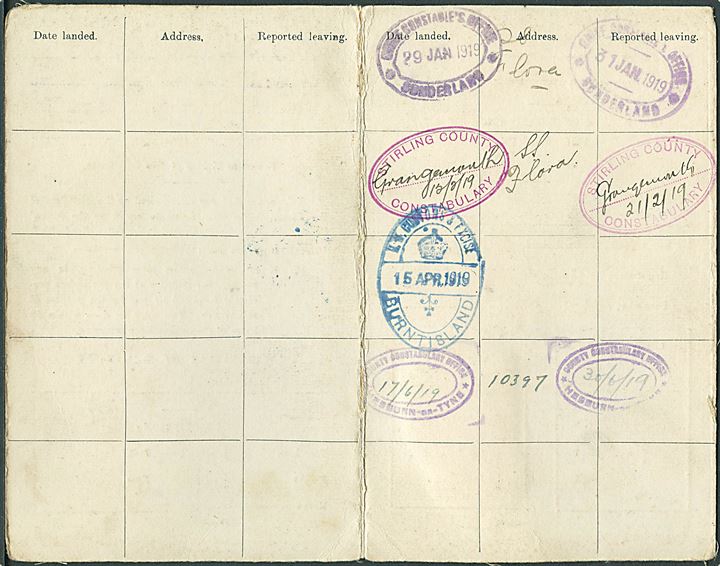 Certificate of Registration of an Alien Seaman fra Sunderland Borough Police med foto for dansk sømand dateret d. 29.1.1919. Flere stempler.