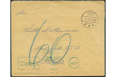 Ufrankeret brev fra Ikast d. 2.2.1962 til Aarhus. 60 øre grønt portomaskinstempel fra Aarhus Postkontor.