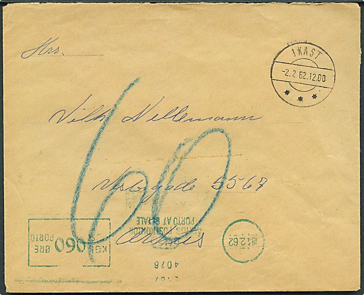 Ufrankeret brev fra Ikast d. 2.2.1962 til Aarhus. 60 øre grønt portomaskinstempel fra Aarhus Postkontor.