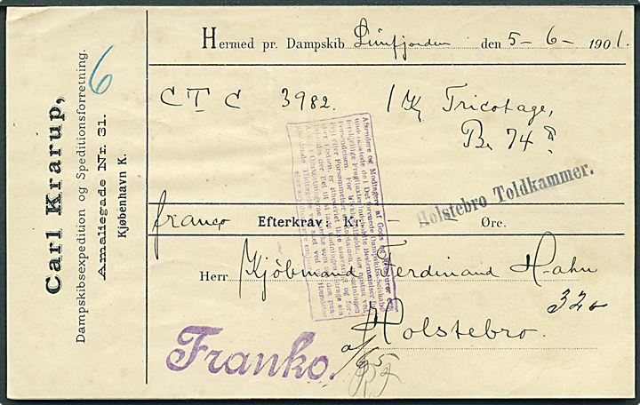 Dampskibsfragtbrev fra Kjøbenhavn d. 5.6.1901 for gods sendt med S/S Limfjorden til Holstebro.