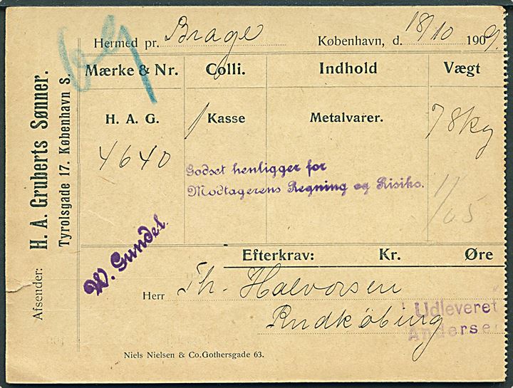 Dampskibsfragtbrev fra Kjøbenhavn d. 18.10.1909 for gods sendt med S/S Brage til Ringkøbing.