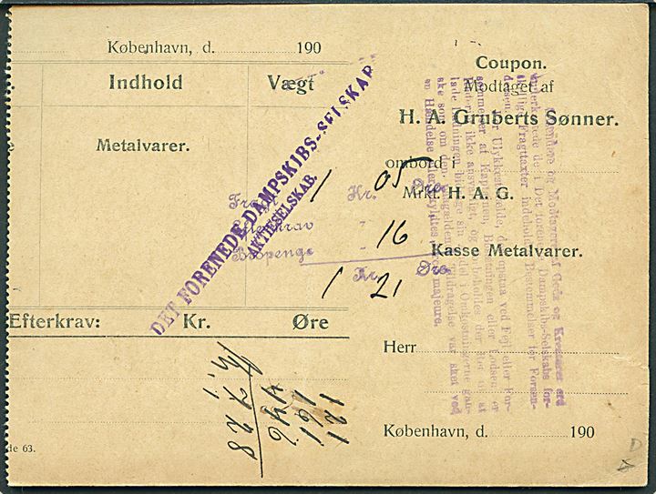 Dampskibsfragtbrev fra Kjøbenhavn d. 18.10.1909 for gods sendt med S/S Brage til Ringkøbing.