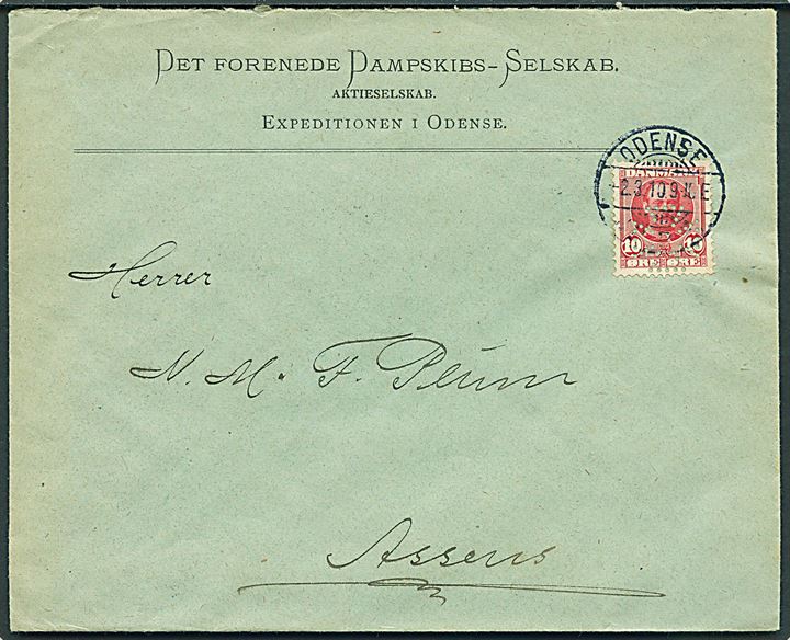10 øre Fr. VIII med perfin (Malteser-kors) på firmakuvert fra Det Forenede Danpskibs-Selskab i Odense d. 2.3.1910 til Assens.