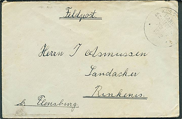 Ufrankeret feltpostbrev med marinestempel Kais. Deutsche Marineschiffspost No. 54 d. 10.2.191x til Rinkenæs b. Flensburg. Sendt fra sønderjysk obermatrose ombord på SMS Stralsund.