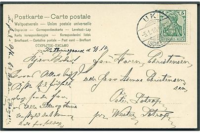 5 pfg. Germania på brevkort stemplet Uk (Schleswig) d. 5.1.1910 til Wester Satrup.