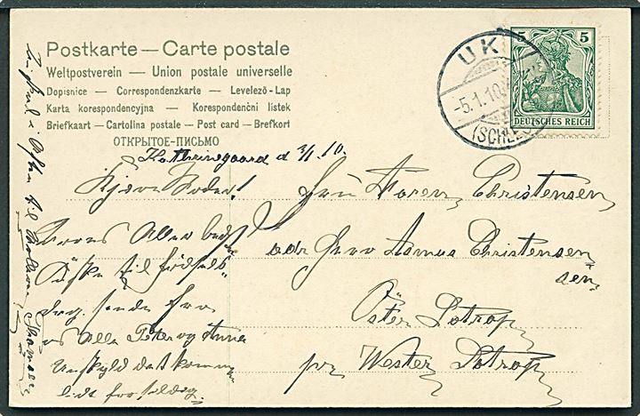 5 pfg. Germania på brevkort stemplet Uk (Schleswig) d. 5.1.1910 til Wester Satrup.