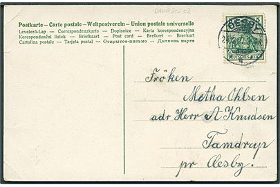 5 pfg. Germania på julekort stemplet Oesby d. 24.12.1907 til Tamdrup pr. Oesby.