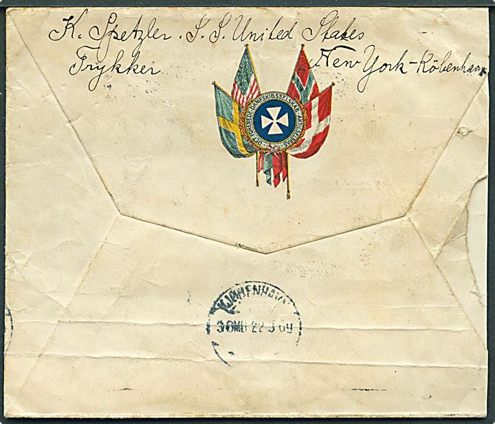 1 c. Franklin (5) på fortrykt illustreret Skandinavien-Amerika Linie kuvert fra S/S United States i Hoboken N.Y. d. 11.3.1909 til København, Danmark.