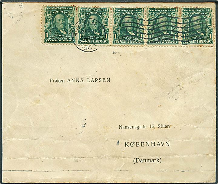 1 c. Franklin (5) på fortrykt illustreret Skandinavien-Amerika Linie kuvert fra S/S United States i Hoboken N.Y. d. 11.3.1909 til København, Danmark.