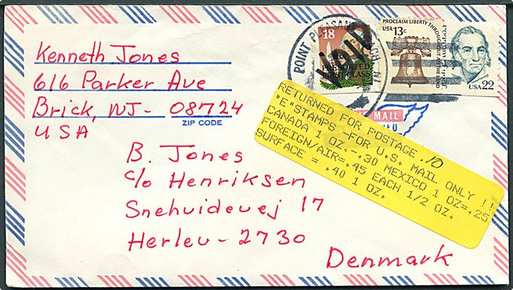 Blandingsfrankeret luftpostbrev med ugyldigt E-stamp - returneret for opfrankering med 10 cents. 