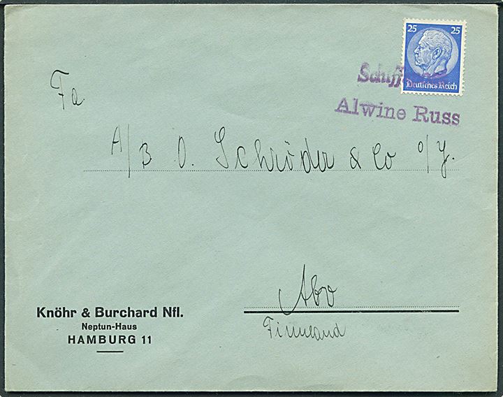 25 pfg. Hindenburg på skibsbrev fra Hamburg annulleret med violet stempel Schiffsbrief og Alwine Russ til Åbo, Finland.