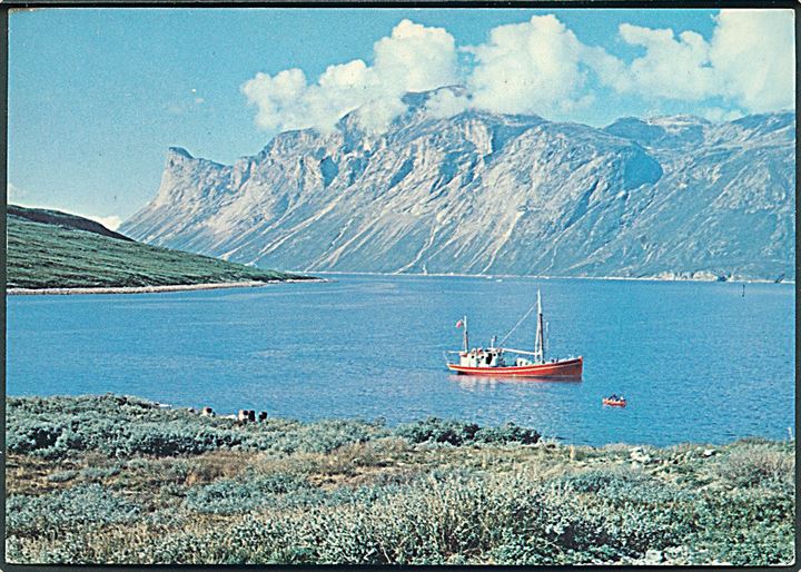Grønland. Godthåbsfjorden med skib ved Itivnera. KGH no. 111. Trykt af Vang Rasmussen Ltd. 