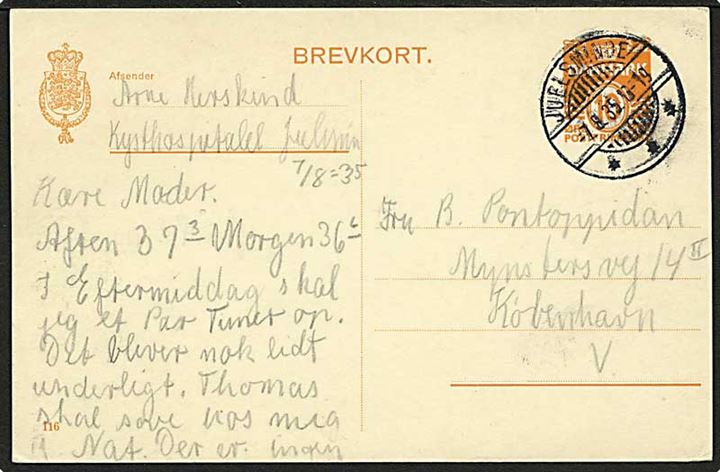 10 øre helsagsbrevkort (fabr. 116) annulleret med brotype Ic stempel Juelsminde d. 7.8.1935 til København.