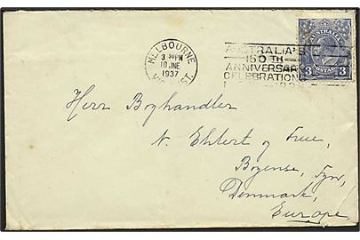 3d George V single på brev fra Melbourne d. 10.6.1937 til Bogense, Danmark.
