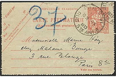 1,50 fr. rørpost helsagskorrespondancekort anvendt i Paris d. 7.10.1933.