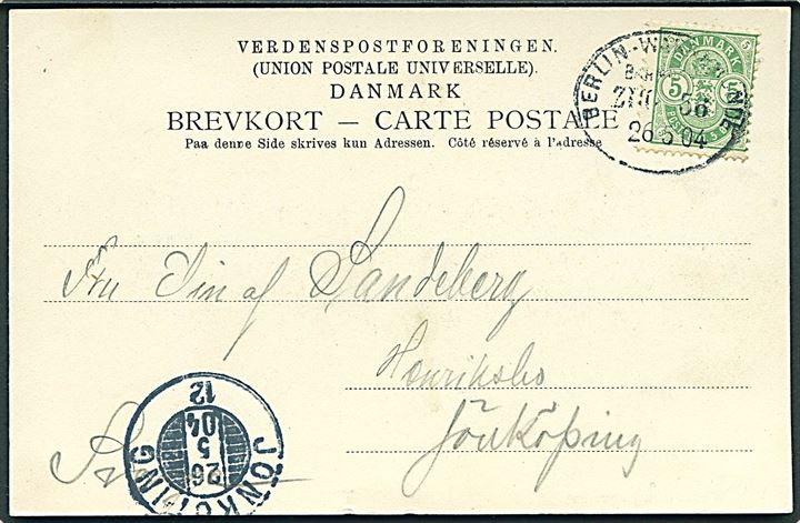 5 øre Våben på brevkort (Dampfærgen Prins Christian) annulleret med tysk bureaustempel Berlin-Warnemünde Bahnpost Zug 56 d. 26.5.1904 til Jönköping, Sverige.