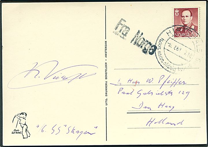 Norsk 35 øre Olav på brevkort dateret ombord på S/S Skagen annulleret med dansk stempel i Hirtshals d. 6.7.1961 og sidestemplet Fra Norge til Haag, Holland.
