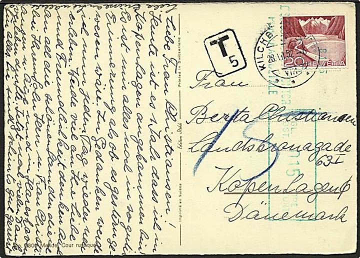 20 c. single på underfrankeret brevkort fra Kilchb.. d. 28.7.1952 til København, Danmark. Sort T 5 stempel og 15 øre dansk portomaskinstempel fra Østerbro Postkontor.