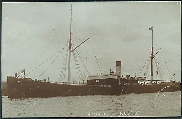 Russia, S/S, Kjøbenhavn D/S. Hilsen fra SS Russia. Fotokort anvendt fra Stettin 1907.