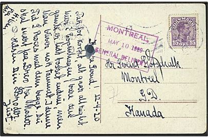 15 øre Chr. X på brevkort (Københavns nye Hovedbanegård) fra Kjøbenhavn d. 12.4.1920 til poste restante i Montreal, Canada. Rammestempel: Montreal General Delivery. Rift i kort.