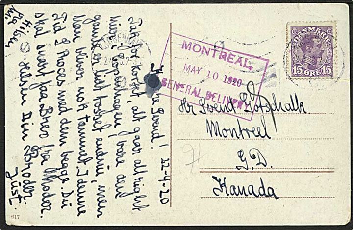 15 øre Chr. X på brevkort (Københavns nye Hovedbanegård) fra Kjøbenhavn d. 12.4.1920 til poste restante i Montreal, Canada. Rammestempel: Montreal General Delivery. Rift i kort.