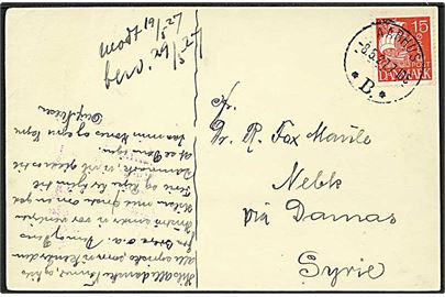 15 øre Karavel single på brevkort stemplet Aarhus *B* d. 8.5.1927 til Nebk, Syrien. Ank.stempel på bagsiden.