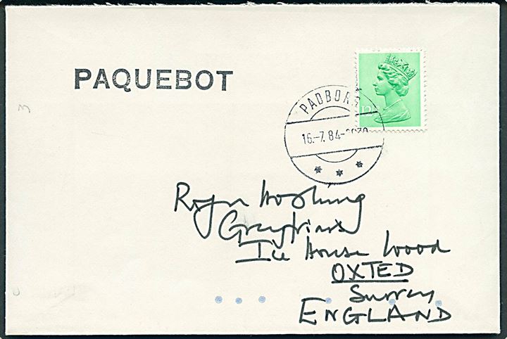Engelsk 12½d Elizabeth på brev annulleret med dansk stempel i Padborg d. 16.7.1984 og sidestemplet Paquebot til Oxted, England.