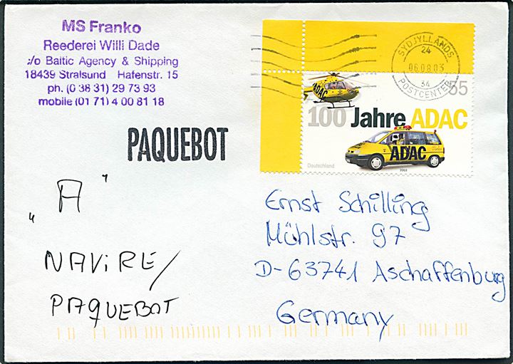 55 c. på skibsbrev annulleret med dansk stempel i Sydjyllands Postcenter d. 6.8.2003 og sidestemplet Paquebot til Aschaffeburg, Tyskland. Fra M/S Franco.