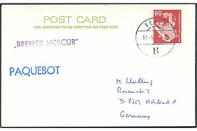 60 pfg. på brevkort annulleret Vejle B. d. 17.3.19?? og sidestemplet Paquebot til Hösbach, Tyskland. Privat skibsstempel: Bremer Mercur.