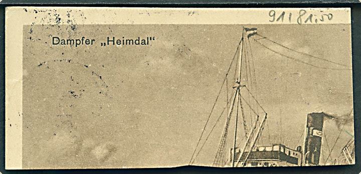 Tysk 8 pfg. Ebert markeret ugyldig på klip fra brevkort (Dampfer Heimdal) annulleret Rønne Skibsbrev d. 30.7.1930 og sidestemplet violet Fra Kolberg. Privat skibsstempel: Auf hoher See / Dampfer Heimdal d. 28.7.1930 og tysk portostempel.