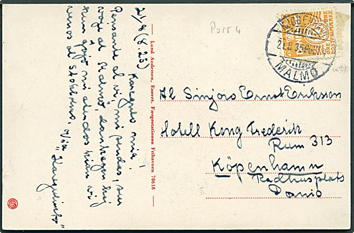 10 øre Bølgelinie på brevkort (Df Prins Christian København-Malmø) annulleret med sejlende bureaustempel Brotype If Kjøbenhavn - Malmø Post4 d. 21.8.1935 til København.