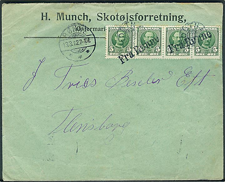 5 øre Fr. VIII (4) på brev annulleret med stjernestempel GODTHAAB og sidestemplet Rønne d. 13.3.1912 til Flensborg, Tyskland. Endvidere annulleret med skibsstempel Fra Rønne.