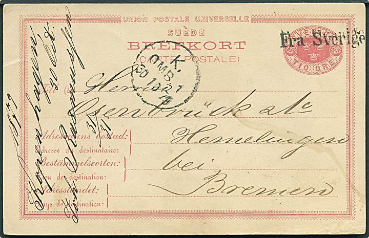 10 öre helsagsbrevkort fra Malmö annulleret med skibsstempel Fra Sverige og sidestemplet K. OMB. 1 d. 30.10.1879 til Bremen, Tyskland.