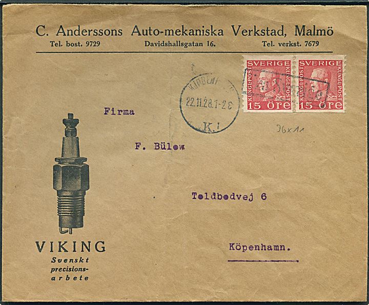 15 öre Gustaf (2) på brev fra Malmö annulleret med skibsstempel Fra Sverige og sidestemplet Kjøbenhavn d. 22.11.1928 til København.