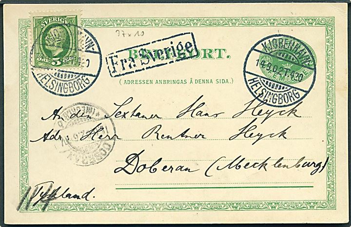 5 öre helsagsbrevkort opfrankeret med 5 öre Oscar II annulleret med bureaustempel Kjøbenhavn - Helsingborg T.420 d. 14.9.1902 og sidestemplet Fra Sverige til Doberan, Tyskland.