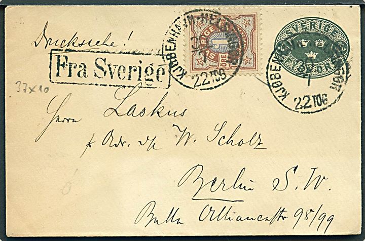 4 öre helsags-tryksagskuvert opfrankeret med 1 öre Ciffer annulleret med lapidar bureaustempel Kjøbenhavn - Helsingør d. 30.7.1894 og sidestemplet Fra Sverige til Berlin, Tyskland.