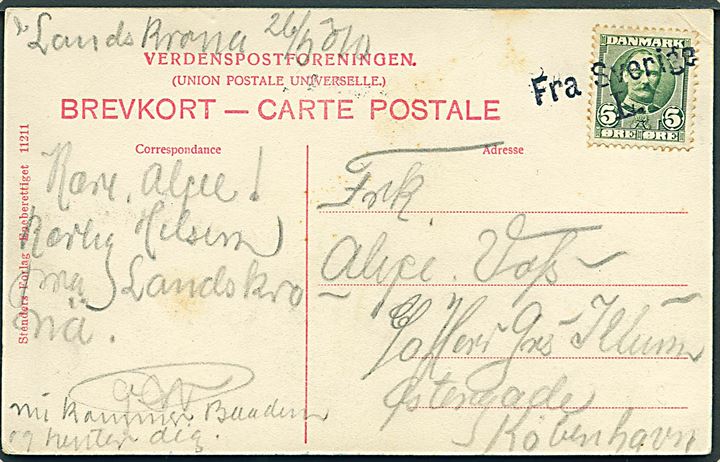 5 øre Fr. VIII på brevkort (Færgen Helsingborg) dateret Landskrona d. 26.5.1910 og annulleret med skibsstempel Fra Sverige L. til København.