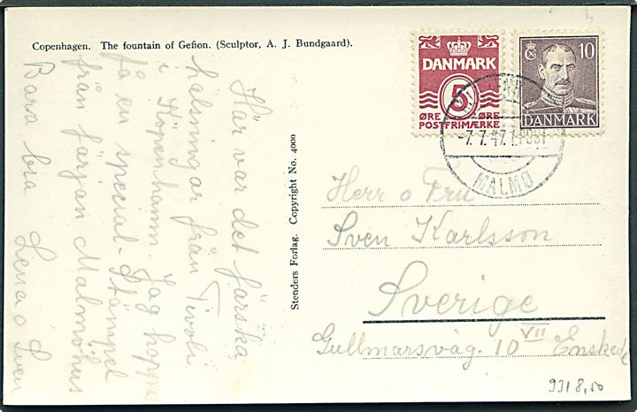 5 øre Bølgelinie og 10 øre Chr. X på brevkort fra København annulleret med sejlende bureaustempel brotype IIf Kjøbenhavn - Malmø 1.Post d. 7.7.1947 til Enskede, Sverige.