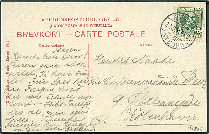5 øre Chr. IX på brevkort (Dampfærgen Nyborg) dateret ombord på færgen og annulleret med sejlende bureaustempel Korsør - Nyborg T.32 d. 27.10.1906 til København.
