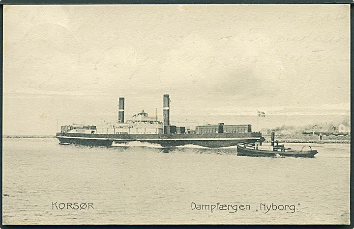 5 øre Chr. IX på brevkort (Dampfærgen Nyborg) dateret ombord på færgen og annulleret med sejlende bureaustempel Korsør - Nyborg T.32 d. 27.10.1906 til København.