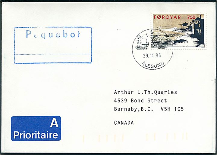 7,50 kr. på skibsbrev annulleret med norsk stempel i Ålesund d. 29.11.1996 og sidestemplet Paquebot til Burnaby, Canada.