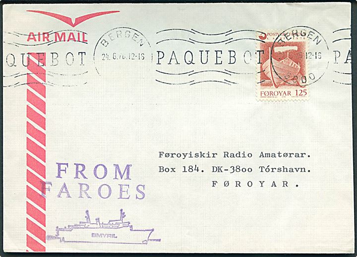125 øre på skibsbrev annulleret med norsk stempel Bergen / Paquebot d. 24.6.1976 til Tórshavn, Færøerne. Violet stempel From Faroes. Bagklap mgl.