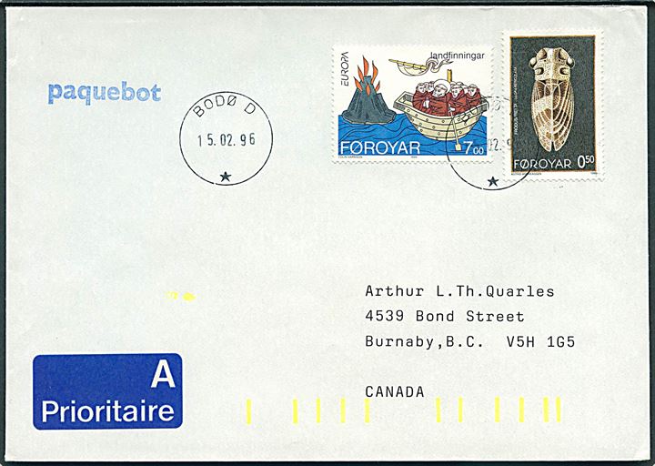 50 øre og 7 kr. på skibsbrev annulleret med norsk stempel i Bodø d. 15.2.1996 og sidestemplet Paquebot til Burnaby, Canada.