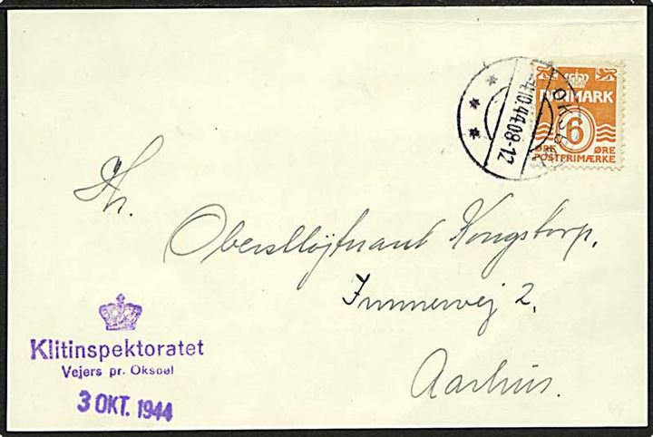 6 øre Bølgelinie på tryksabsbrevkort stemplet Oksbøl d. 4.10.1944 til Aarhus. Afs.-stempel (krone)/Klitinspektoratet/ Vejers pr. Oksbøl