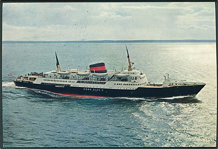 55 øre Olav på brevkort (M/S Kong Olav V) annulleret med skibsstempel Fra Norge og sidestemplet København d. 30.7.1963 til Haag, Holland.
